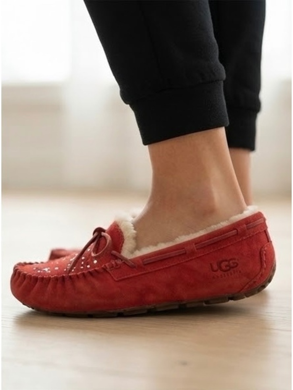 UGG Women's Red Suede Moccasin Slippers with Shearling Lining and Rhinestone Det